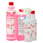 Pictured are six empty 500 ml Kiehl-SanEco funnel bottles from Johannes Kiehl KG, each optionally with a foam sprayer or spray closure. The bottles are equipped with labels for the instructions for use.