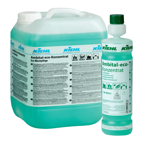 A large 5-liter container and a 1-liter bottle of Kiehl Ambital-eco Concentrate Eco-Mopping Care by Johannes Kiehl KG with green liquid and detailed German-language labels with environmentally friendly symbols.