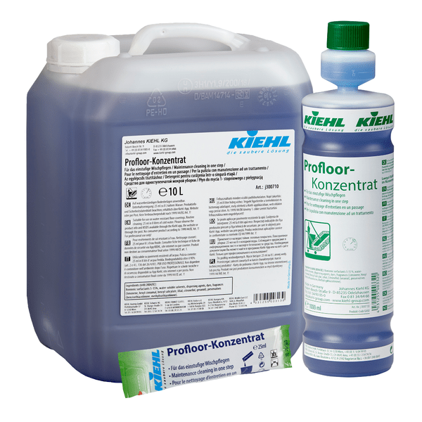A 10-liter canister, a 1-liter bottle, and a small sachet of Kiehl Profloor Concentrate For One-Step Mopping by Johannes Kiehl KG, all filled with blue liquid and featuring white-green labels with product information and branding.