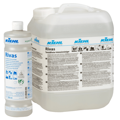 Pictured are a 1-liter bottle and a larger canister of Kiehl Rivas Surfactant-Free Intensive Cleaner from Johannes Kiehl KG, both with a white label and blue branding for this surfactant-free cleaner for various surfaces.