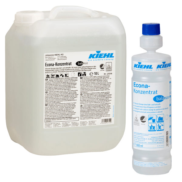 Pictured are two containers of Kiehl Econa Concentrate balance all-purpose cleaner without fragrances and dyes by Johannes Kiehl KG: on the left a 10-liter canister and on the right a 1-liter bottle, both with product information.