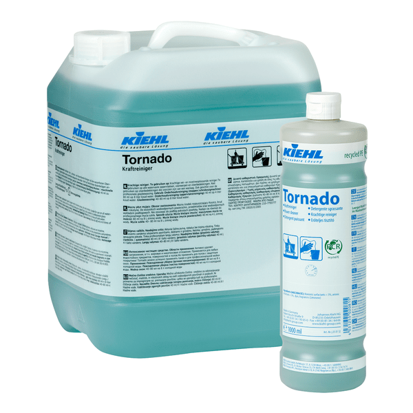 Two containers of Kiehl Tornado Power Cleaner from Johannes Kiehl KG - one large and one small - are filled with blue-green liquid. The labels contain product information, instructions, and pictograms for this powerful industrial cleaner.