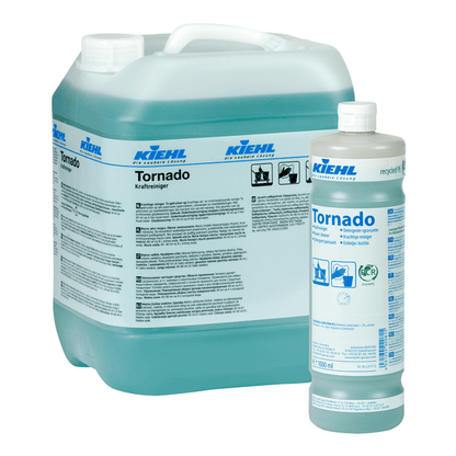 Two containers of Kiehl Tornado Power Cleaner from Johannes Kiehl KG - one large and one small - are filled with blue-green liquid. The labels contain product information, instructions, and pictograms for this powerful industrial cleaner.