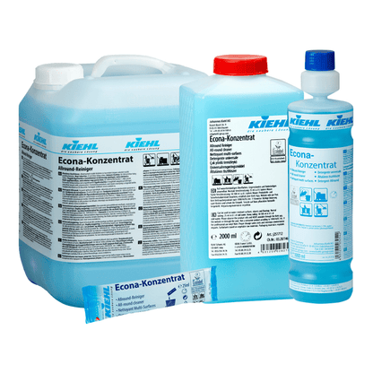 Pictured are four containers of Kiehl Econa Concentrate All-Purpose Cleaner from Johannes Kiehl KG in various sizes: a large jug, medium and small bottles, as well as a disposable pouch, all with white-blue labels.