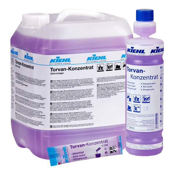 A set from Johannes Kiehl KG Kiehl Torvan Concentrate Active Cleaner consists of a 5-liter container, a 1-liter bottle, and a pouch with purple liquid and a white packaging with a German label.