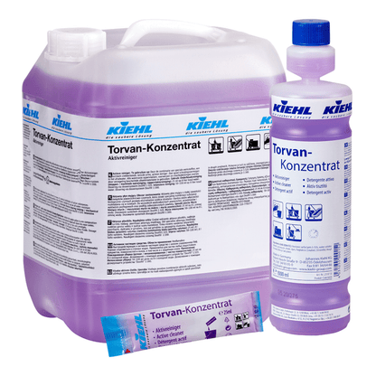A set from Johannes Kiehl KG Kiehl Torvan Concentrate Active Cleaner consists of a 5-liter container, a 1-liter bottle, and a pouch with purple liquid and a white packaging with a German label.