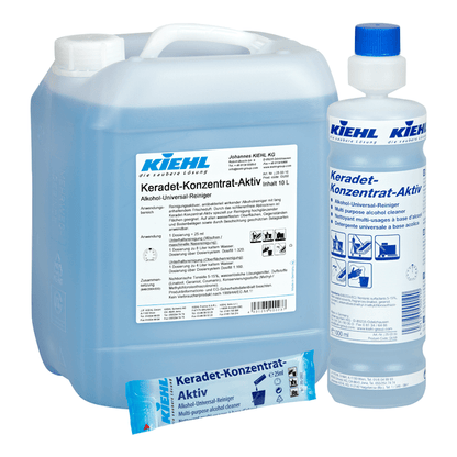 Two containers (a 10-liter canister and a smaller bottle) and a blue disposable bag of Kiehl Keradet-Active Alcohol Universal Cleaner from Johannes Kiehl KG, with a German label and suitable for all surfaces.