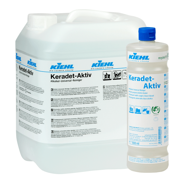 Two containers of Kiehl Keradet-Active Alcohol Universal Cleaner from Johannes Kiehl KG: a 10L canister and a 1L bottle, both with blue/black text on white labels. Ideal for cleaning all surfaces.
