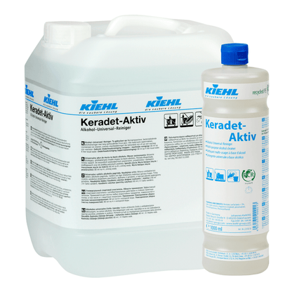Two containers of Kiehl Keradet-Active Alcohol Universal Cleaner from Johannes Kiehl KG: a 10L canister and a 1L bottle, both with blue/black text on white labels. Ideal for cleaning all surfaces.