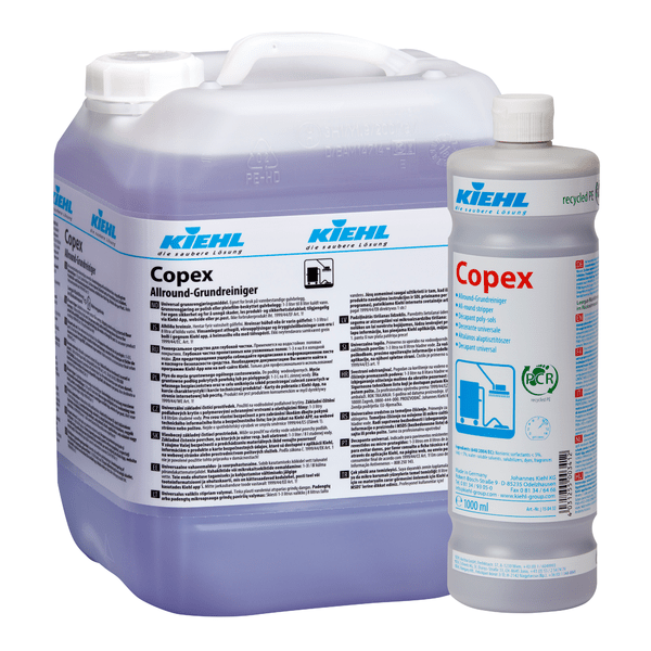 Two containers of Johannes Kiehl KG Kiehl Copex Allround Basic Cleaner: a large, transparent canister with a handle and a smaller bottle, both with detailed, blue-marked packaging for effective surface cleaning.