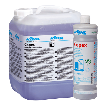 Two containers of Johannes Kiehl KG Kiehl Copex Allround Basic Cleaner: a large, transparent canister with a handle and a smaller bottle, both with detailed, blue-marked packaging for effective surface cleaning.
