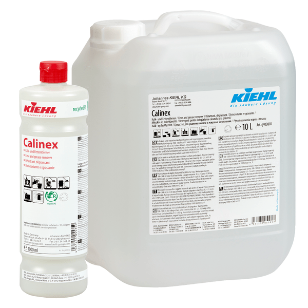 Pictured are two containers of Kiehl Calinex Lime and Grease Remover from Johannes Kiehl KG: a 1L bottle with a red cap and a white 10L canister, both with detailed product labels.