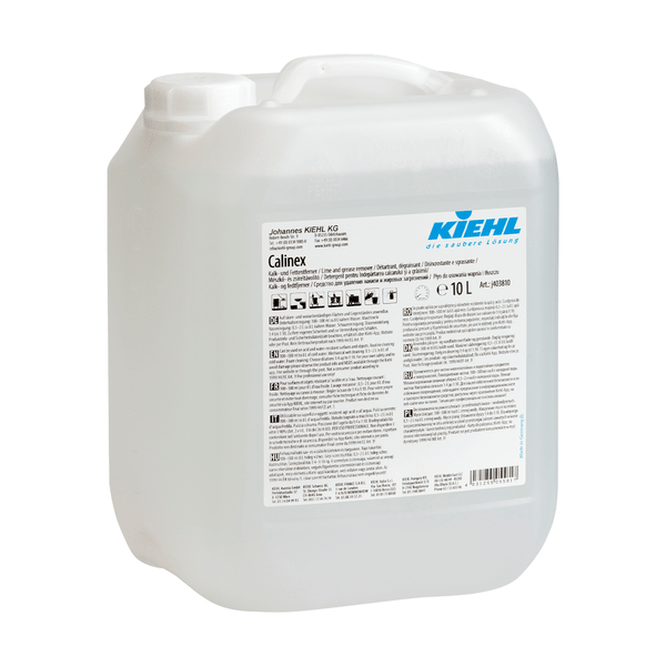 A 10-liter container made of transparent plastic with a white lid and the label "Kiehl Calinex Lime and Grease Remover" from Johannes Kiehl KG, with product information, application instructions, and safety instructions in multiple languages.