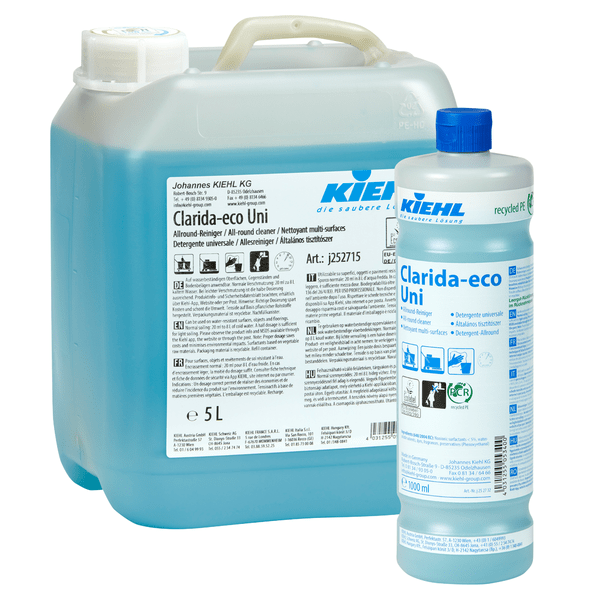 Two plastic containers from Johannes Kiehl KG Kiehl Clarida-eco Uni Allround Cleaner: a 5-liter canister and a 1-liter bottle, both with blue liquid - an effective cleaner for all surfaces, with multilingual labeling.