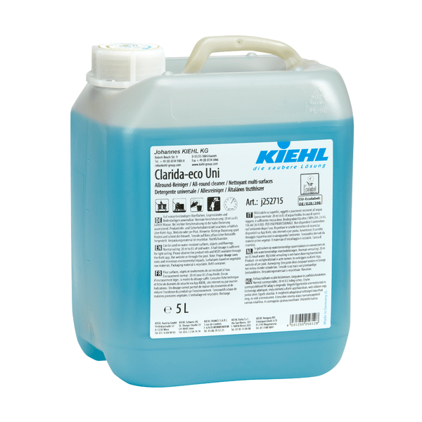 A 5-liter plastic container with Kiehl Clarida-eco Uni Allround Cleaner from Johannes Kiehl KG, blue inside, with a white cap, handle, and multilingual label with product information and instructions.