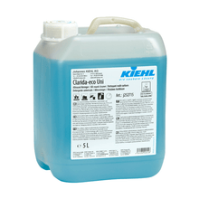 A 5-liter plastic container with Kiehl Clarida-eco Uni Allround Cleaner from Johannes Kiehl KG, blue inside, with a white cap, handle, and multilingual label with product information and instructions.