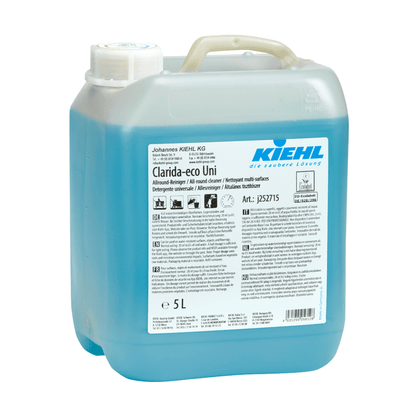 A 5-liter plastic container with Kiehl Clarida-eco Uni Allround Cleaner from Johannes Kiehl KG, blue inside, with a white cap, handle, and multilingual label with product information and instructions.