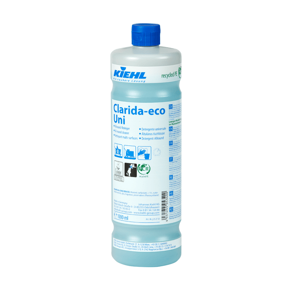 A 1-liter plastic bottle of Johannes Kiehl KG Kiehl Clarida-eco Uni Allround Cleaner with a blue cap and blue label stands upright on a white background.