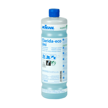 A 1-liter plastic bottle of Johannes Kiehl KG Kiehl Clarida-eco Uni Allround Cleaner with a blue cap and blue label stands upright on a white background.