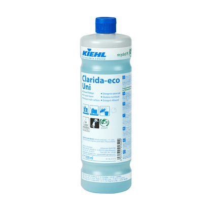 A 1-liter plastic bottle of Johannes Kiehl KG Kiehl Clarida-eco Uni Allround Cleaner with a blue cap and blue label stands upright on a white background.