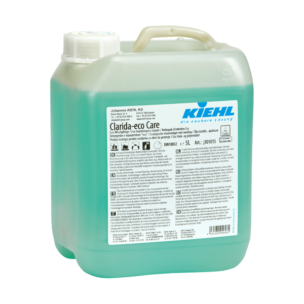 The 5-liter plastic container of Kiehl Clarida-eco Care Eco-Maintenance by Johannes Kiehl KG, filled with light green liquid, is equipped with a white lid and an info label, offering an environmentally friendly cleaning solution.