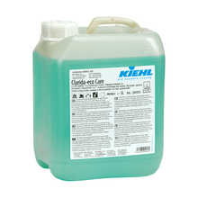 The 5-liter plastic container of Kiehl Clarida-eco Care Eco-Maintenance by Johannes Kiehl KG, filled with light green liquid, is equipped with a white lid and an info label, offering an environmentally friendly cleaning solution.