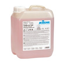 The 5-liter plastic container of Kiehl Clarida-eco Sani sanitary cleaner from Johannes Kiehl KG has a white screw cap, front labeling, and contains a pink liquid for environmentally friendly and effective cleaning of sanitary areas.