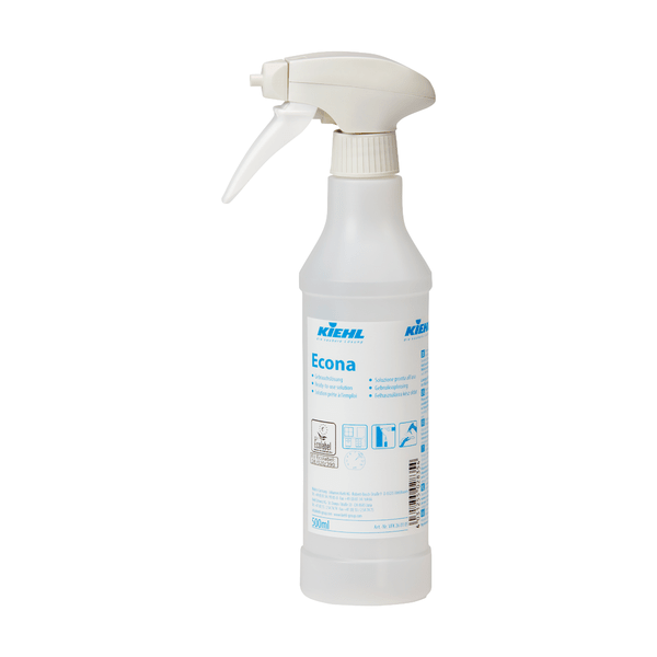 A white 500 ml Kiehl Econa funnel bottle empty with 6 sprayers (aerosol-free) from Johannes Kiehl KG stands upright showing blue text and instructions on a white background. The nozzle points to the left. The package contains 6 pieces.
