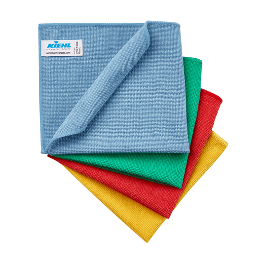 Four Kiehl Basic microfiber cloths (35 x 32 cm, 270 g/sqm) from Johannes Kiehl KG in the colors blue, green, red, and yellow are stacked, with the blue cloth on top and a visible label from Johannes Kiehl KG on one corner.