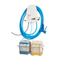 The Johannes Kiehl KG ARCANTEC 15 cleaning and disinfection unit for 2 products is wall-mounted, features a 15 m long blue hose with spray gun, and holds two labeled chemical containers in metal racks against a white background.