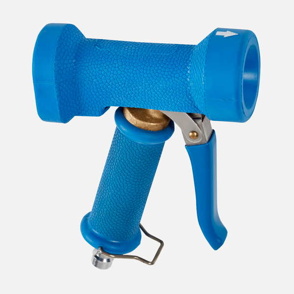 A blue Johannes Kiehl KG Kiehl spray gun, suitable for ARCANTEC, with a connection piece for hose 15 and 25, has a textured grip, trigger, and metal clip for locking; depicted against a white background.