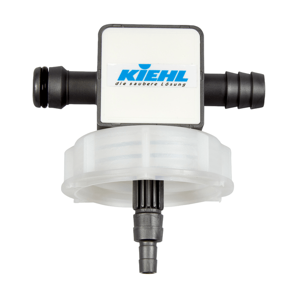 The Kiehl Dosifill Multidosing for 10 L canisters by Johannes Kiehl KG is a plastic filter with hose connections, ideal for professional cleaning. It is equipped with a white label with the inscription "Kiehl the clean solution" in blue and gray lettering.
