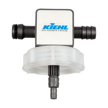The Kiehl Dosifill Multidosing for 10 L canisters by Johannes Kiehl KG is a plastic filter with hose connections, ideal for professional cleaning. It is equipped with a white label with the inscription "Kiehl the clean solution" in blue and gray lettering.