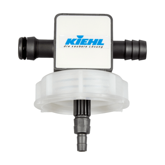 The Kiehl Dosifill Multidosing for 10 L canisters by Johannes Kiehl KG is a plastic filter with hose connections, ideal for professional cleaning. It is equipped with a white label with the inscription "Kiehl the clean solution" in blue and gray lettering.