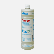 A 1-liter bottle of Johannes Kiehl KG Kiehl Corvett Basic Cleaner for Porcelain Stoneware Tiles with a white cap and multilingual label. The light yellow liquid ensures thorough cleaning of various surfaces.
