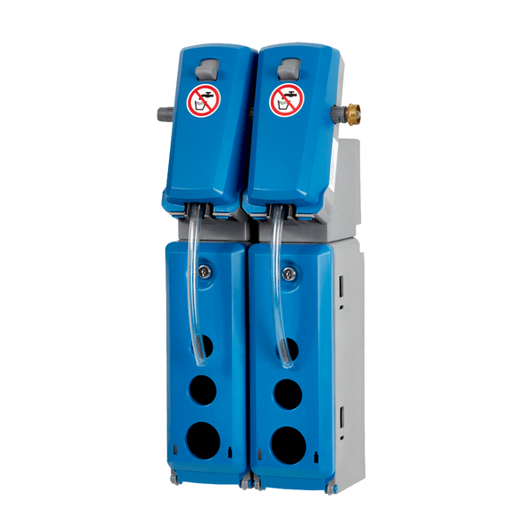 The Johannes Kiehl KG DosiStation 2P-4 L is a blue-gray wall dispenser with two modules and transparent tubes for dosing two products in bottles - ideal for multiple dosing or precise bottle filling.