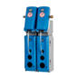 The Johannes Kiehl KG DosiStation 2P-4 L is a blue-gray wall dispenser with two modules and transparent tubes for dosing two products in bottles - ideal for multiple dosing or precise bottle filling.