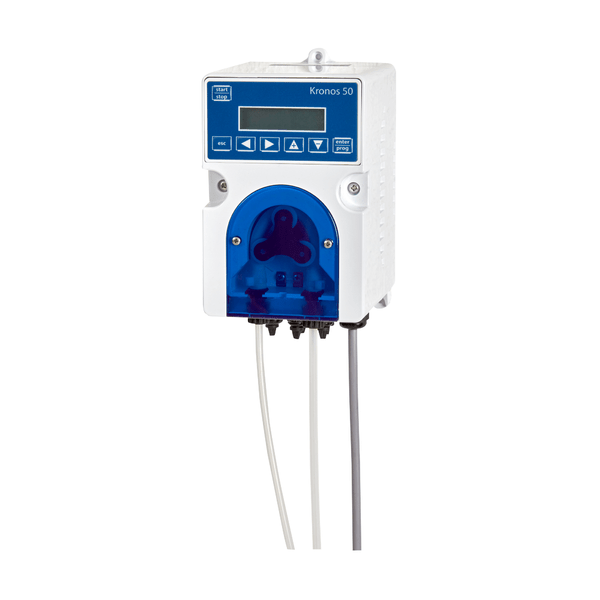Pictured is a peristaltic dosing pump Kiehl ARCANDIS-Kronos K from Johannes Kiehl KG, time-controlled for rinse aid (1 piece), with digital display and three hoses, labeled "Kronos 50", against a plain white background.