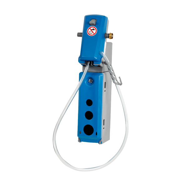 The Johannes Kiehl KG Kiehl DosiStation 2P-Mix Multidosing (1x4L & 1x16L) is a blue/gray industrial wall unit for bottle and bucket filling, with control unit, round front openings, connected hose/cable, and touch protection.