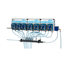 The wall-mounted Johannes Kiehl KG dosing system ARENAS-H7 features seven blue-white dosing pumps (each 30-120 L/h), labeled with "Kiehl" and connected with transparent hoses for precise liquid distribution.