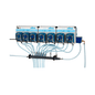 The wall-mounted Johannes Kiehl KG dosing system ARENAS-H7 features seven blue-white dosing pumps (each 30-120 L/h), labeled with "Kiehl" and connected with transparent hoses for precise liquid distribution.