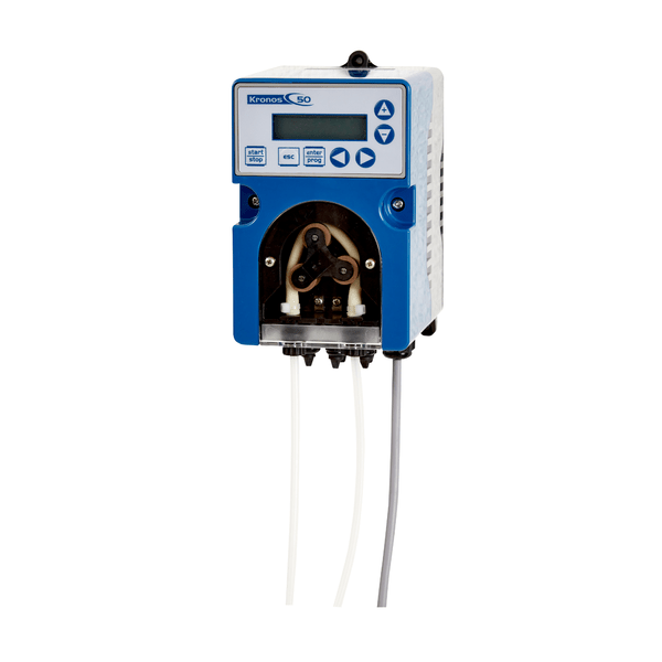A blue-white Kiehl ARCANDIS-Kronos R hose pump with conductivity control for cleaners from Johannes Kiehl KG, with digital display, buttons, and three connected hoses, mounted on a white background.