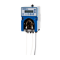 A blue-white Kiehl ARCANDIS-Kronos R hose pump with conductivity control for cleaners from Johannes Kiehl KG, with digital display, buttons, and three connected hoses, mounted on a white background.