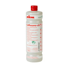 A 1-liter bottle of Johannes Kiehl KG Coffexano-cit descaler for coffee machines and kitchen appliances with a red cap and multilingual label. Also available as a carton with 6 bottles.