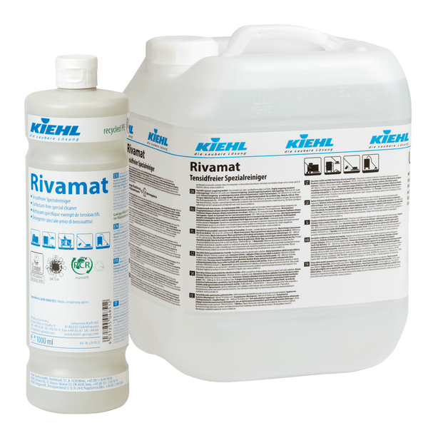 Two packages of Rivamat Surfactant-Free Special Cleaner from Johannes Kiehl KG - a 1-liter bottle and a 10-liter canister - are each equipped with product labels, blue branding, and instructions for use, suitable for professional building cleaning.