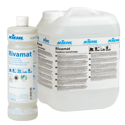 Two packages of Rivamat Surfactant-Free Special Cleaner from Johannes Kiehl KG - a 1-liter bottle and a 10-liter canister - are each equipped with product labels, blue branding, and instructions for use, suitable for professional building cleaning.