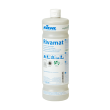 The white 1-liter plastic bottle of Kiehl Rivamat Surfactant-Free Special Cleaner from Johannes Kiehl KG features a blue-white label with product details, application symbols, and a sealed cap, ideal for professional building cleaning.