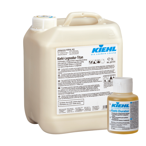 A 5L bottle of Kiehl-Legnodur-Titan with Kiehl-Durator satin matte 2-component permanent coating (Johannes Kiehl KG) and a 100ml bottle are pictured against a white background.