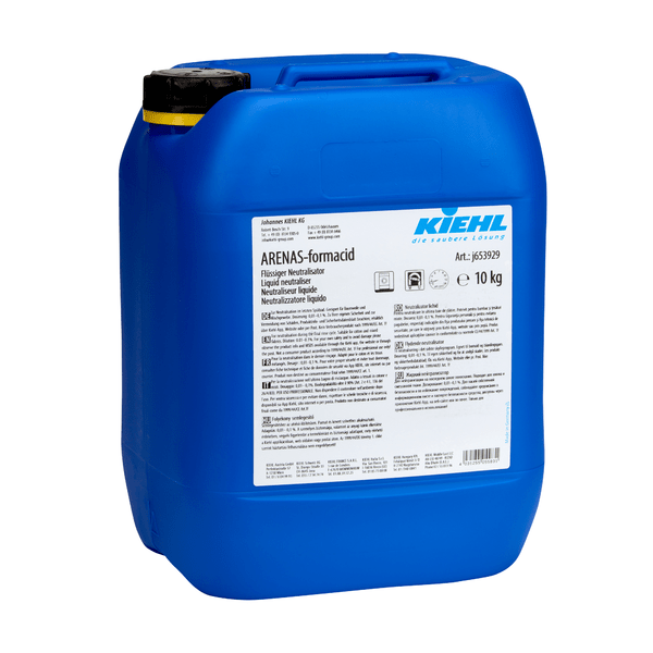 A blue 10 kg plastic container Kiehl ARENAS-formacid Liquid Neutralizer by Johannes Kiehl KG with a black lid and detailed white label, ideal for neutralizing acids and alkalis during chemical disposal.
