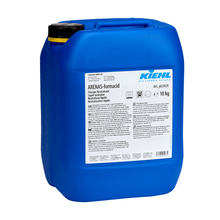 A blue 10 kg plastic container Kiehl ARENAS-formacid Liquid Neutralizer by Johannes Kiehl KG with a black lid and detailed white label, ideal for neutralizing acids and alkalis during chemical disposal.